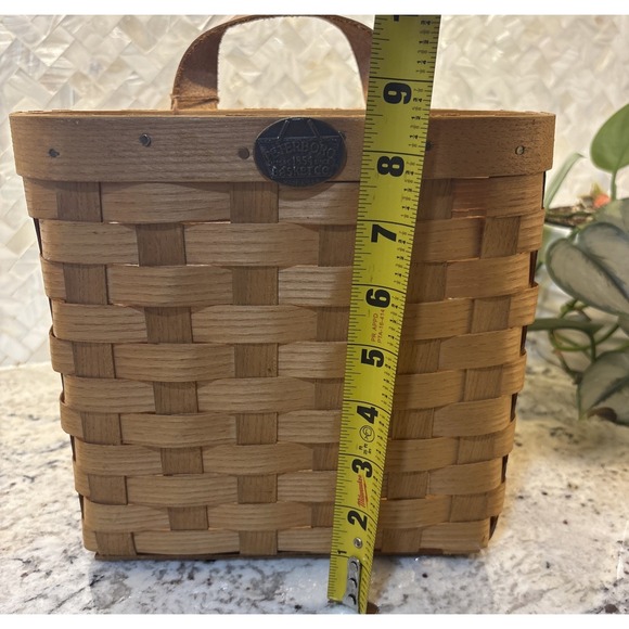 Peterboro‎ Basket  Co. Wooden Woven Wall Pocket Basket Leather Single Handle - Picture 6 of 16